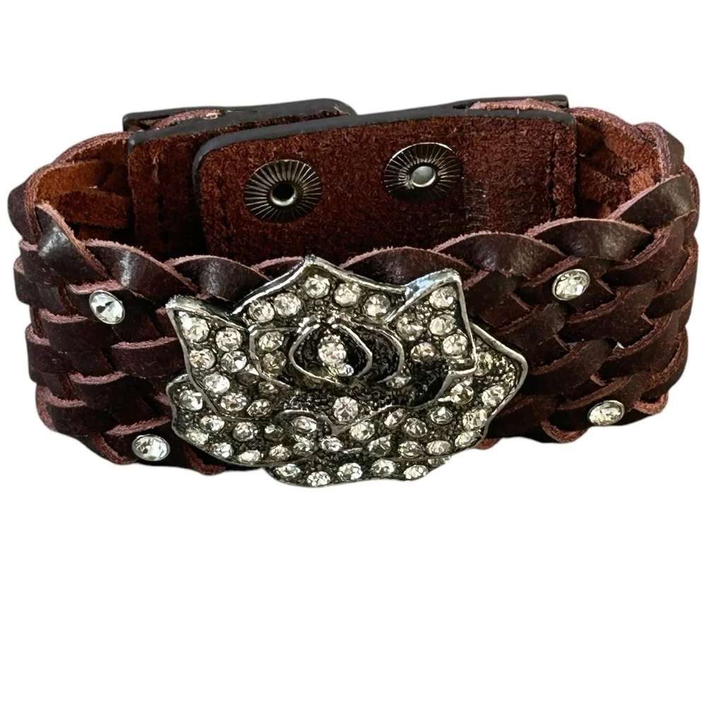 Brown Leather Snap Bracelet‎ w/ Rhinestone Flower